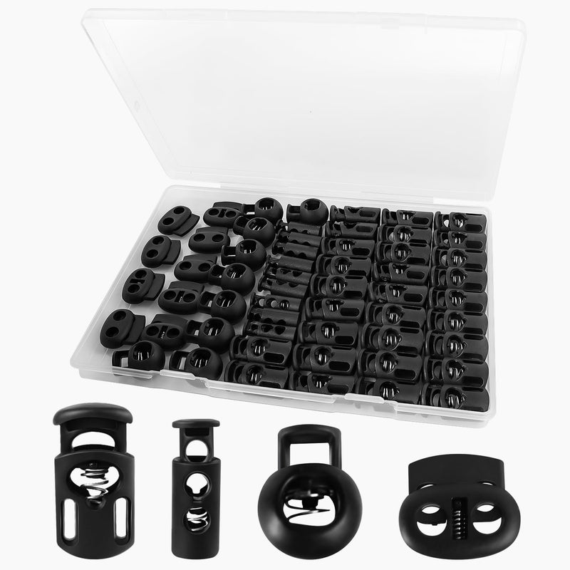 Quadafy 60 Pack 4 Sizes Plastic Cord Lock, Spring Toggle Stopper With, Draw String Clip, For Drawstrings, Shoelaces, Paracord, Hoodie Cord Clips, Sweatpants And More - Image 1